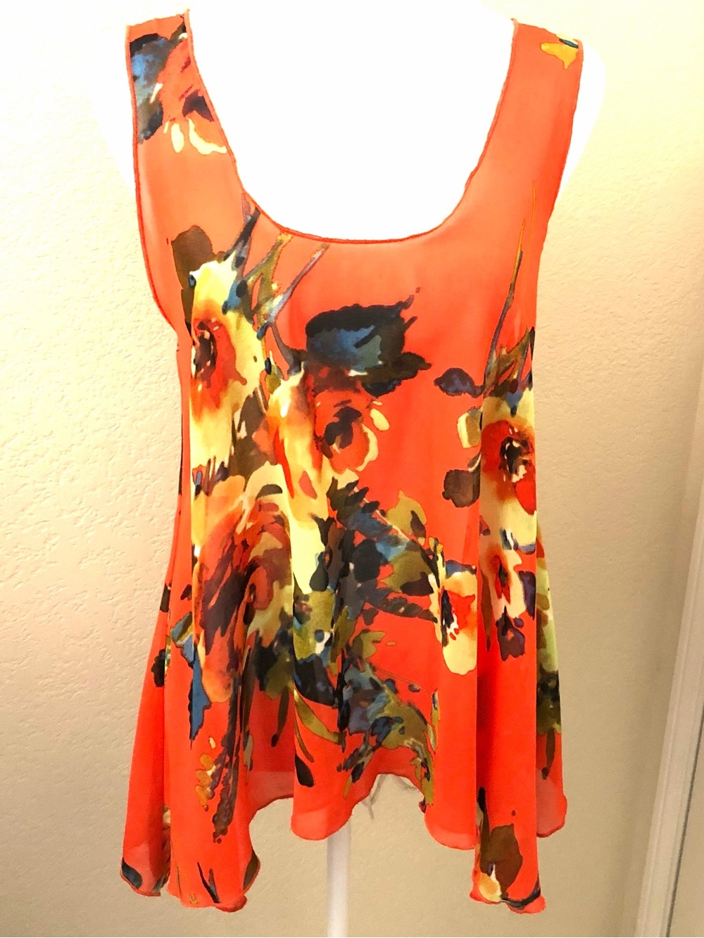 Love Culture Women's Orange Floral Scoop Neck Semi Sheer Tank Top